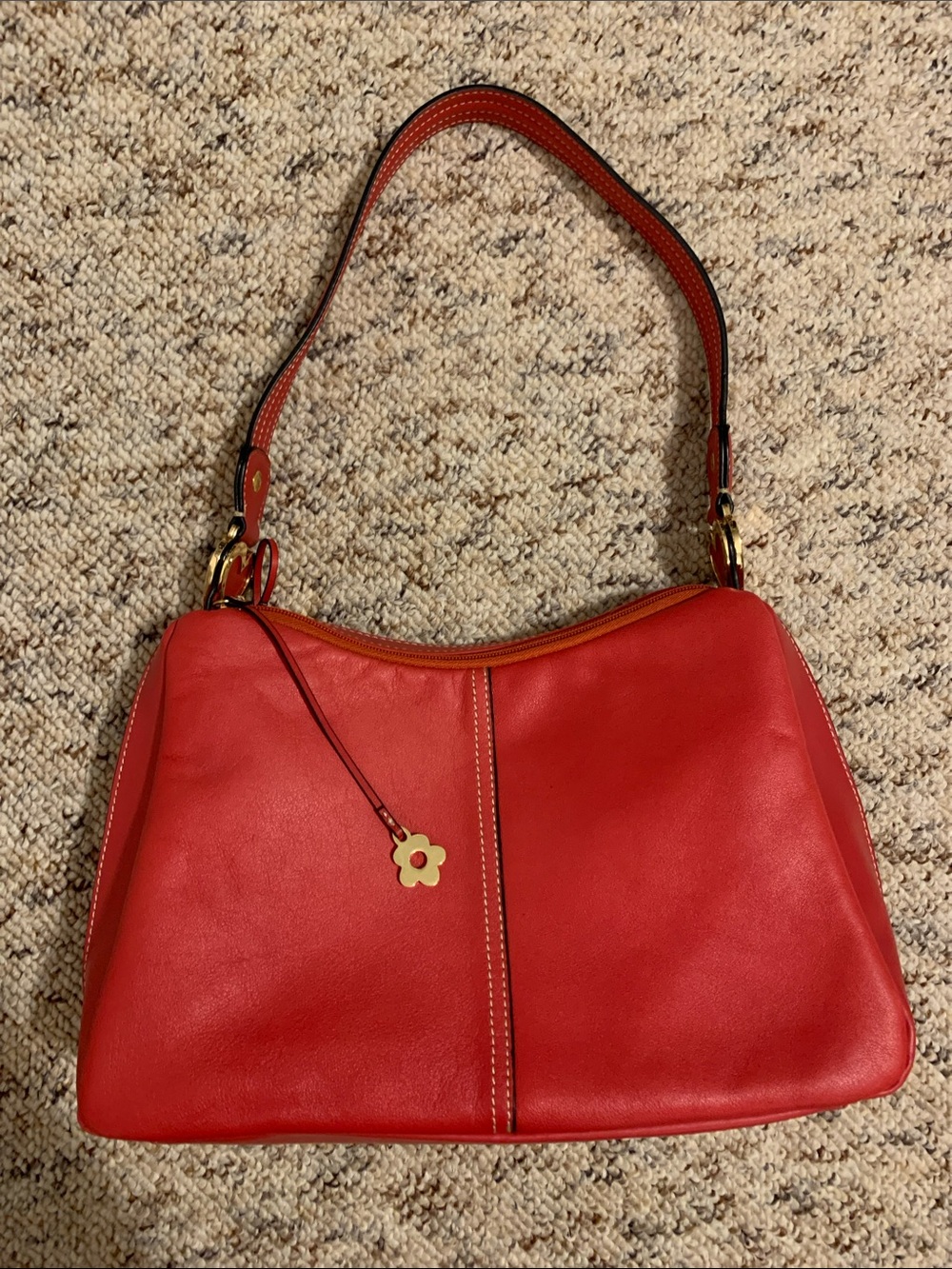 Classic Red Leather Shoulder Bag with Floral Charm